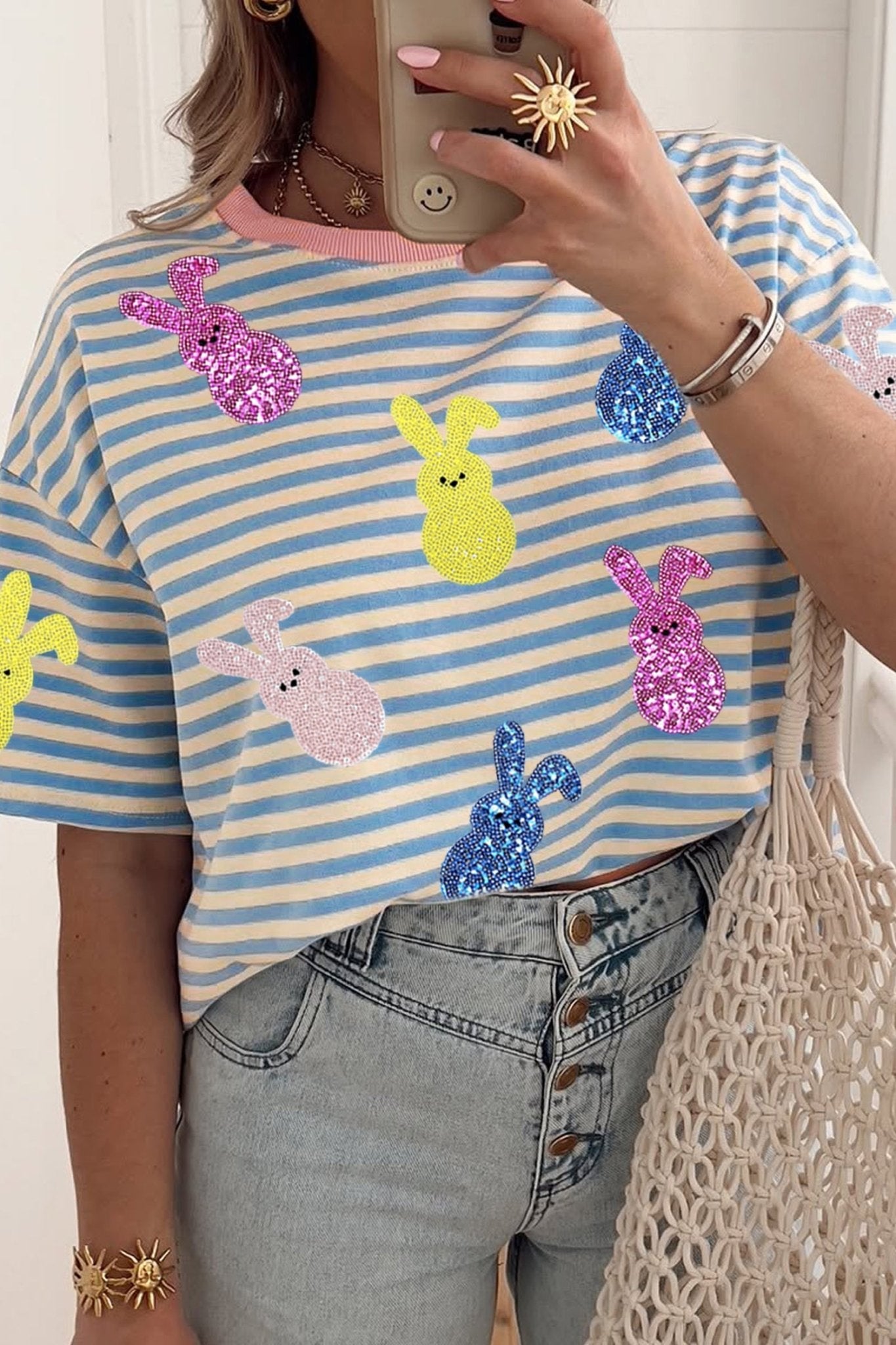 Sky Blue Stripe Sequin Easter Bunny Patched Drop Shoulder Tee - Loving It Shop
