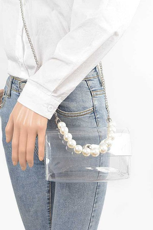 Convertible Transparent Stadium Bag with Pearl Handle Stylish Fashion Handbag