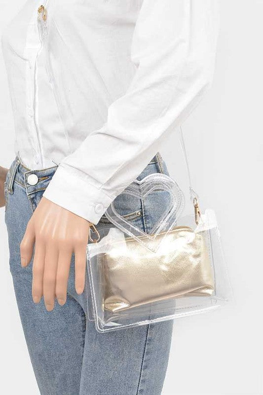 Transparent 2-in-1 Stadium Bag with Heart Shape Handle – Trendy Fashion Accessory