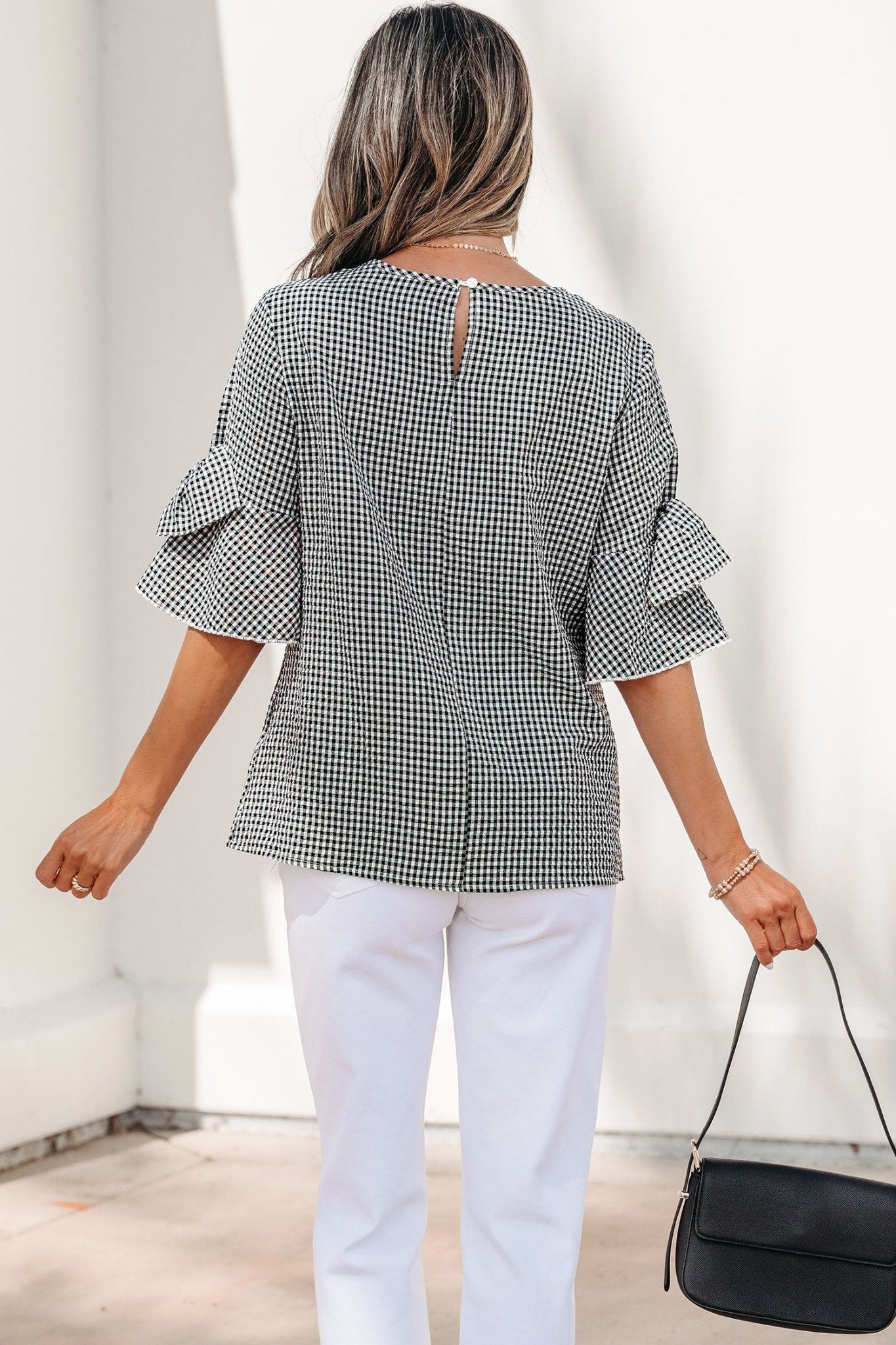 Black Plaid Bow Ruffled Half Sleeve Round Neck Blouse - Loving It Shop