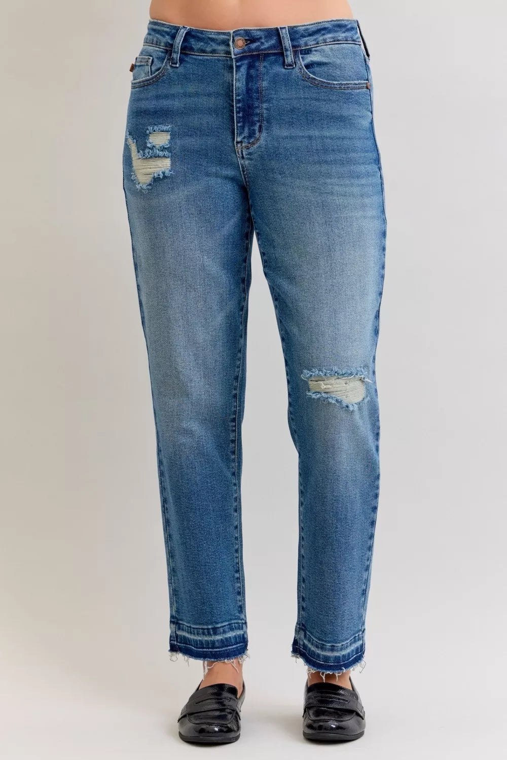 Full Size Mid Rise Bf Patch & Repair Destroy Release Hem Jeans Plus Size