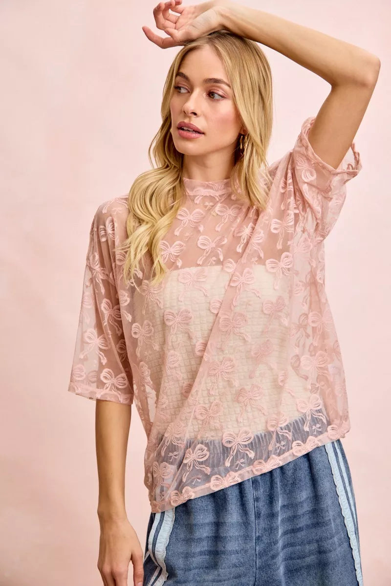 Bow Pattern Short Sleeves Boxy Mesh Top