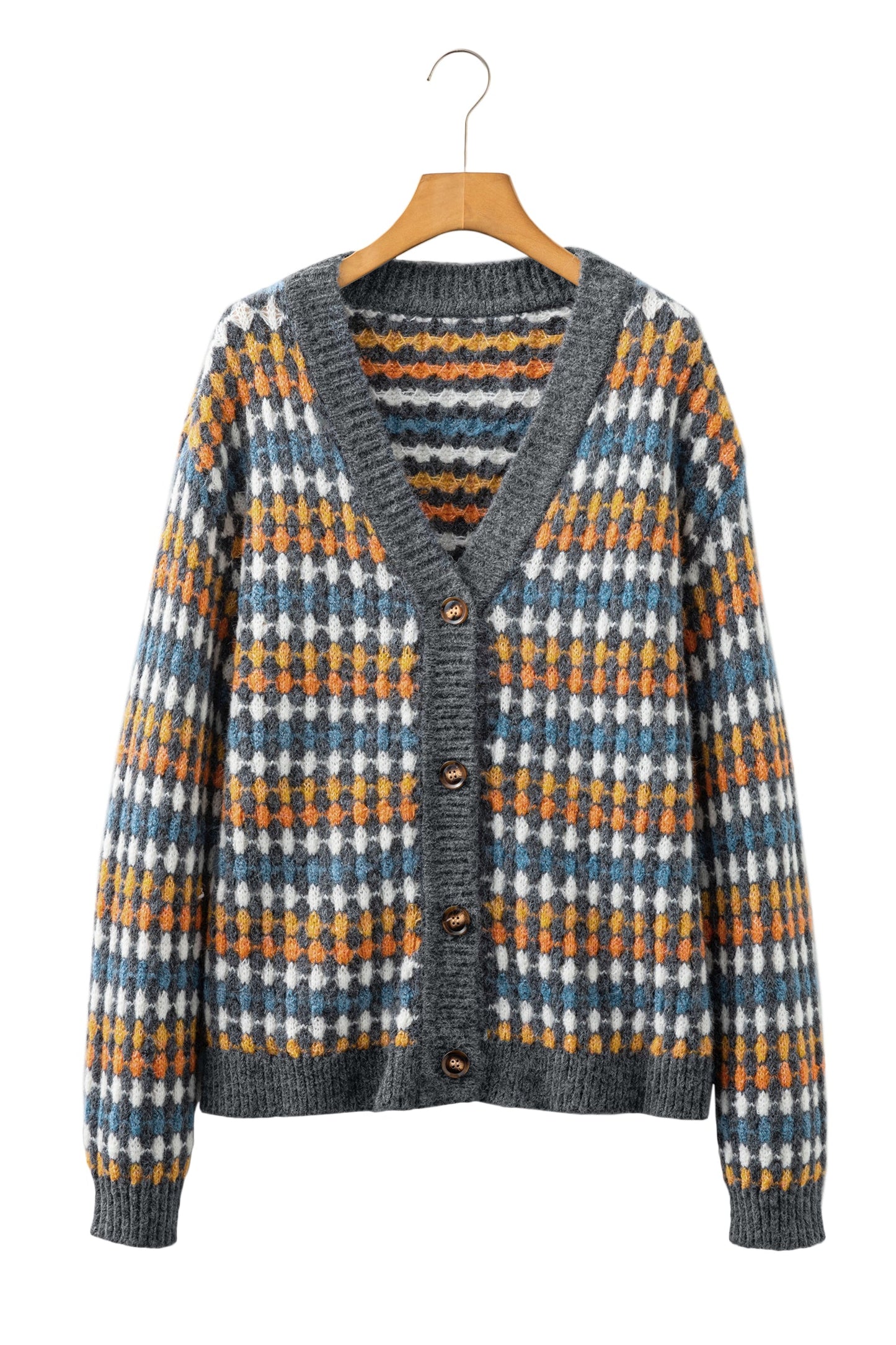 Gray Dotty Pattern Knit Button Front V Neck Sweater Cardigan