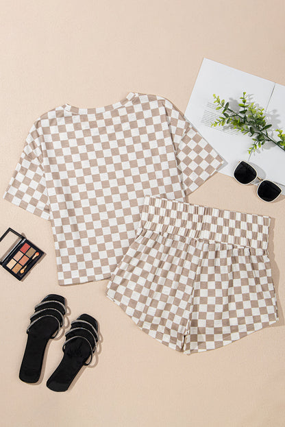 Brown Checkerboard T Shirt and High Waist Skorts 2 Piece Outfit