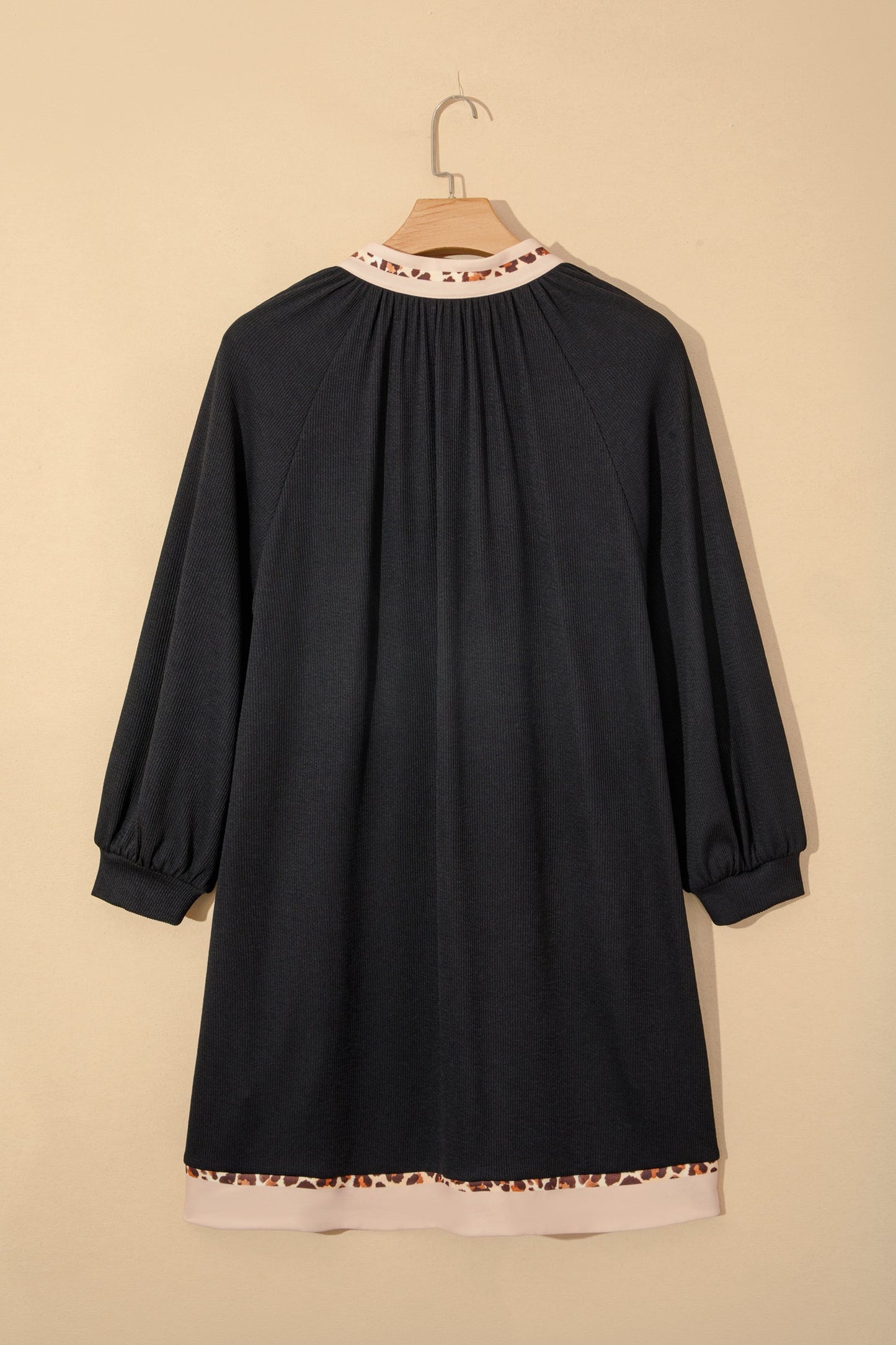 Black Contrast Color Block Leopard Trim Plus Size Ribbed Dress