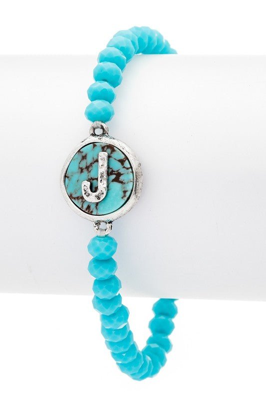 Initial J Turquoise Charm Stretch Bracelet - Loving It Shop