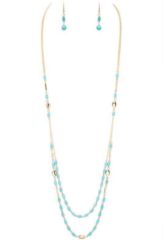 Long Layered Turquoise Beaded Necklace Set - Loving It Shop