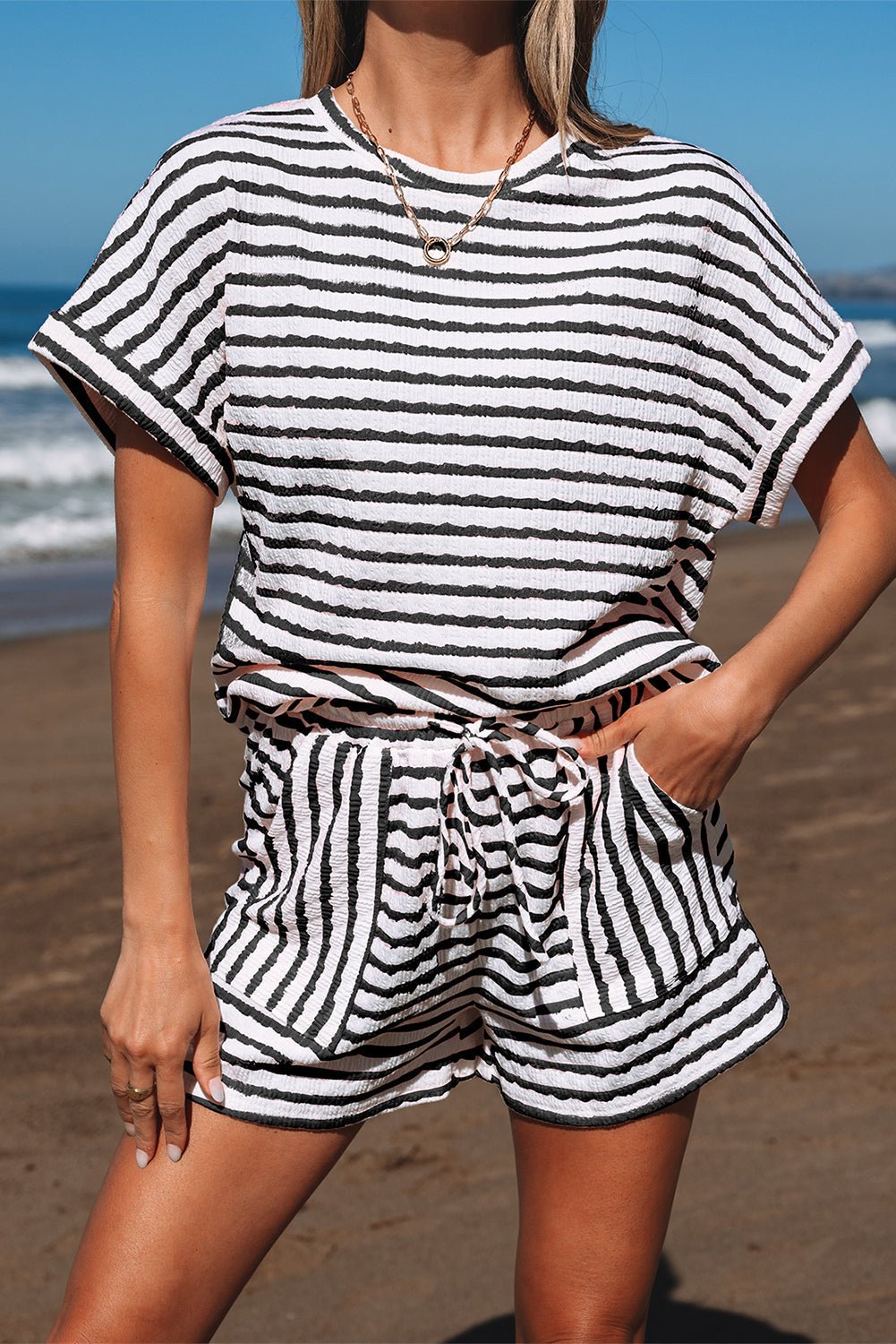 Black Stripe Knitted Short Sleeve Top and Drawstring Shorts Set - Loving It Shop