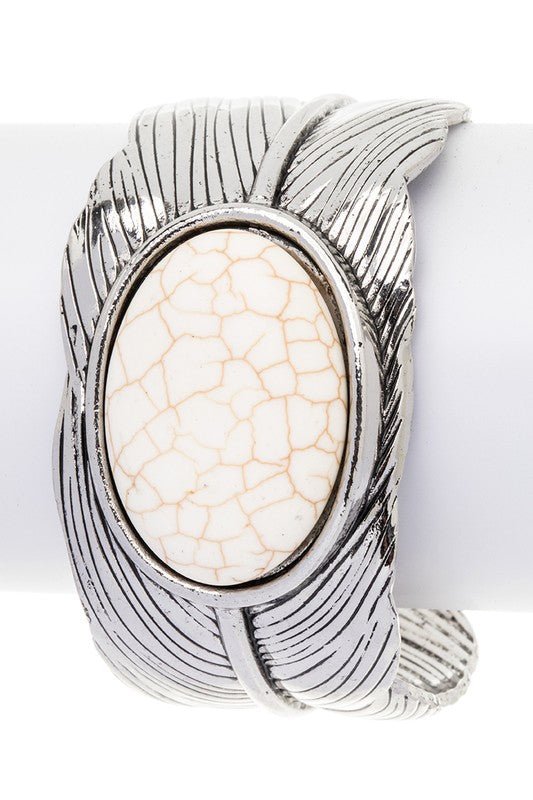 Oval Stone Leaf Engraved Open Cuff - Loving It Shop