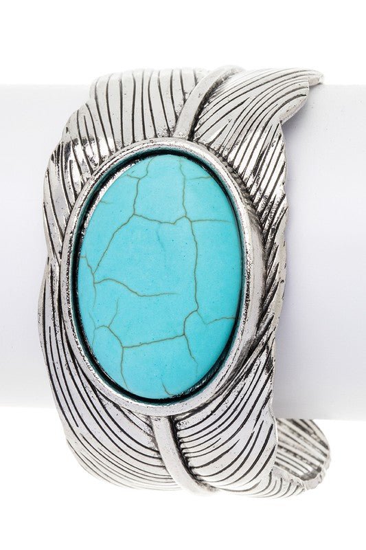 Oval Stone Leaf Engraved Open Cuff - Loving It Shop