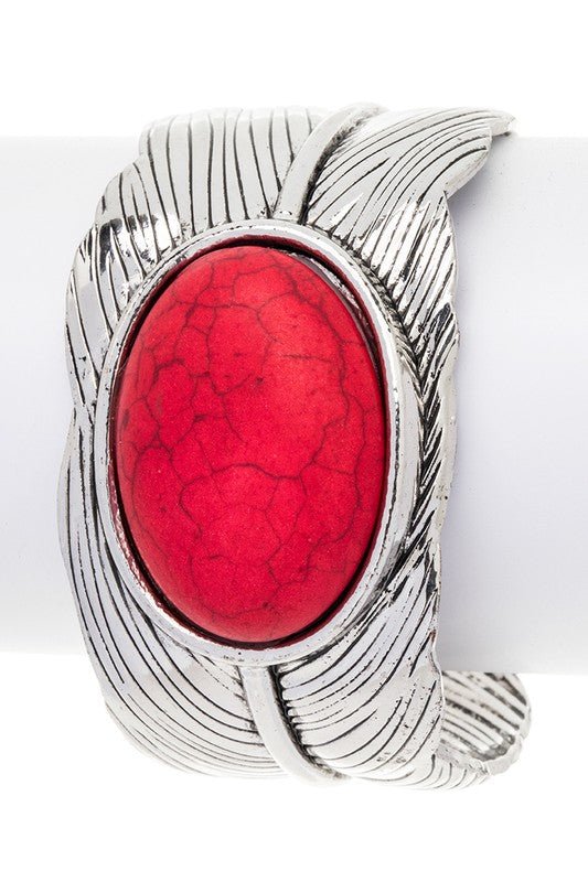 Oval Stone Leaf Engraved Open Cuff - Loving It Shop
