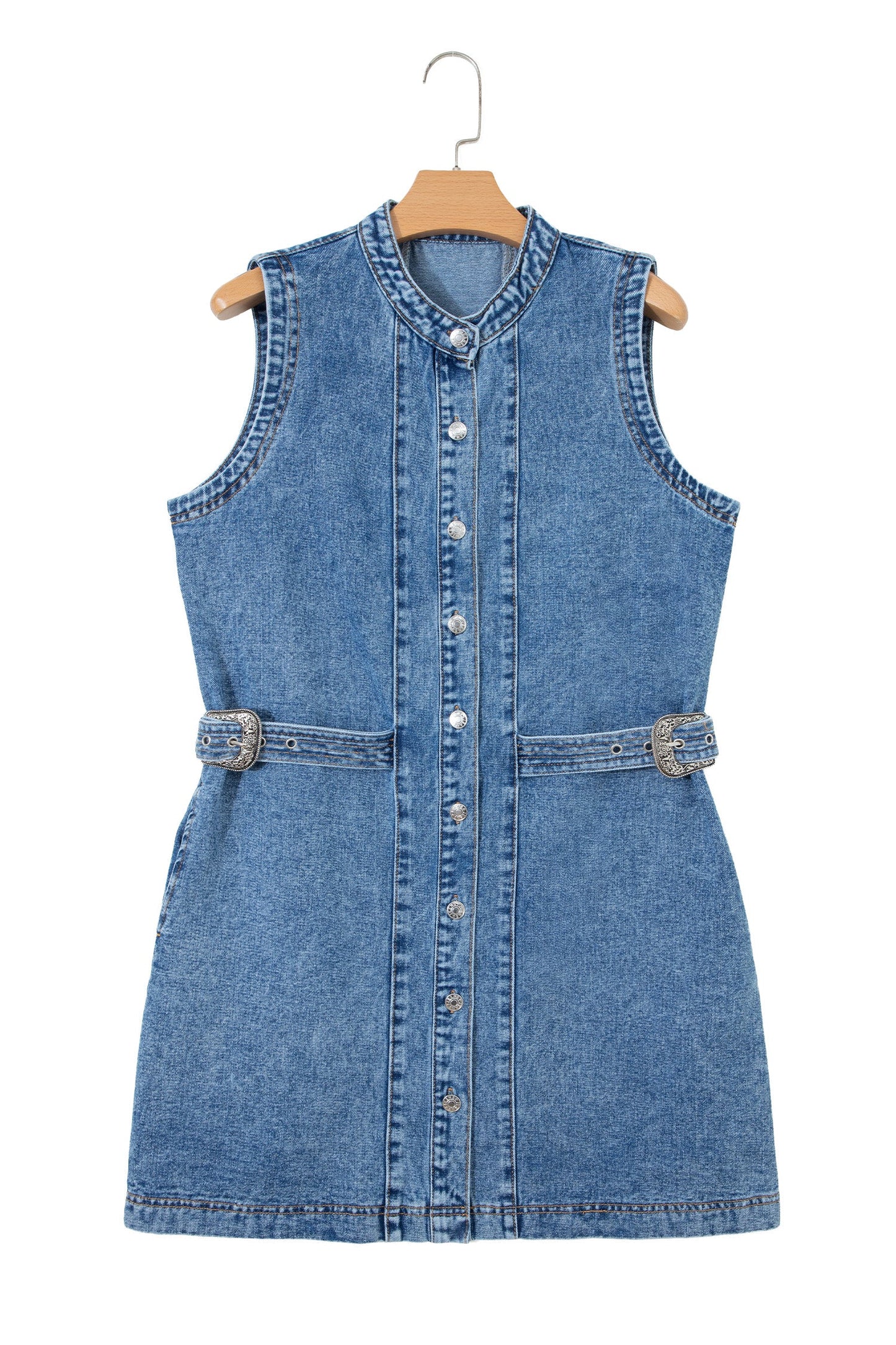 Myosotis Western Belt Button Down Sleeveless Denim Short Dress