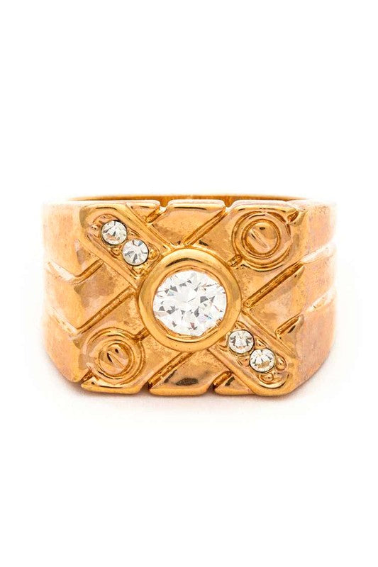 Gold CZ Engraved Statement Ring – Trendy Fashion Jewelry Accessory