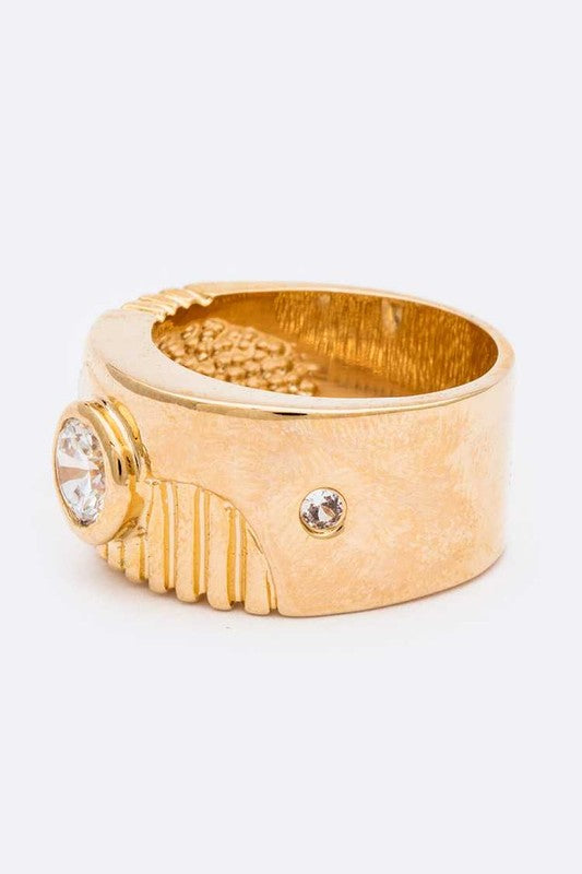 Gold Textured Engraved CZ Ring – Stylish Statement Jewelry