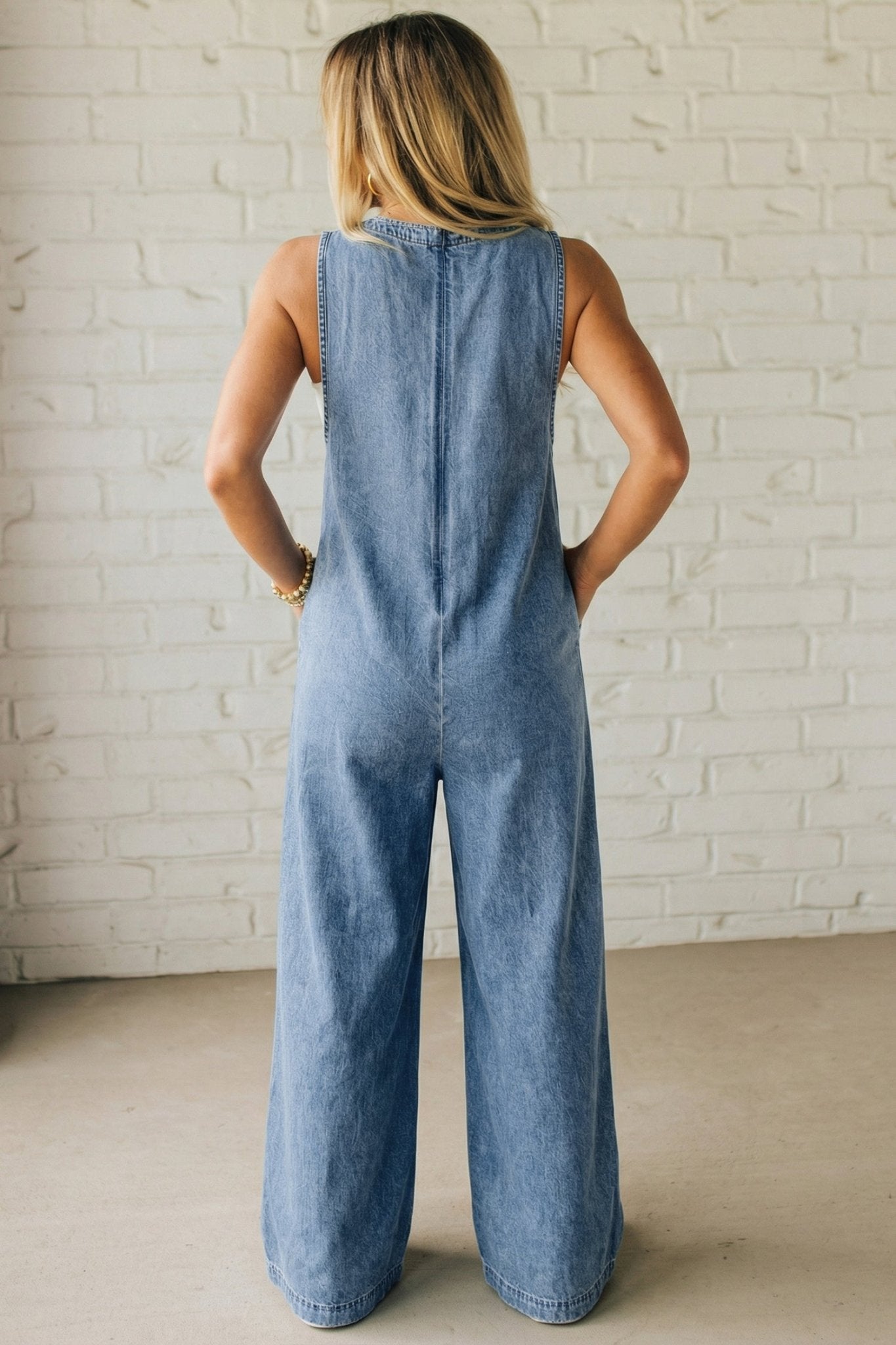 Dusk Blue Acid Wash Pintuck Tie V Neck Denim Wide Leg Jumpsuit - Loving It Shop