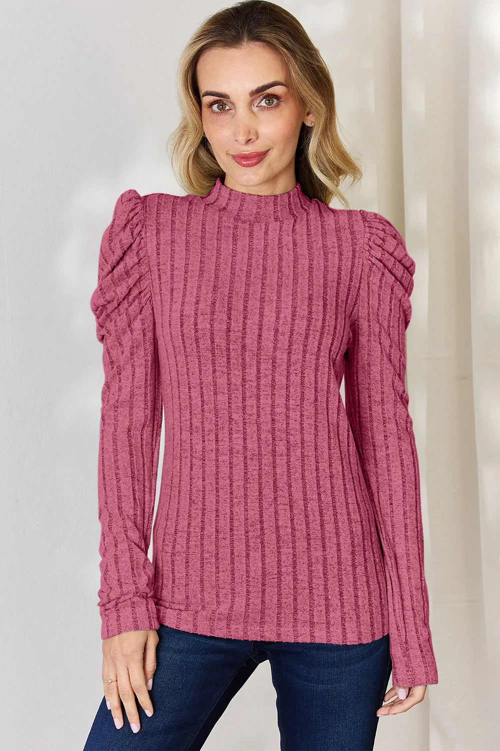 I am a Fashion junky Full Size Ribbed Mock Neck Puff Sleeve T-Shirt