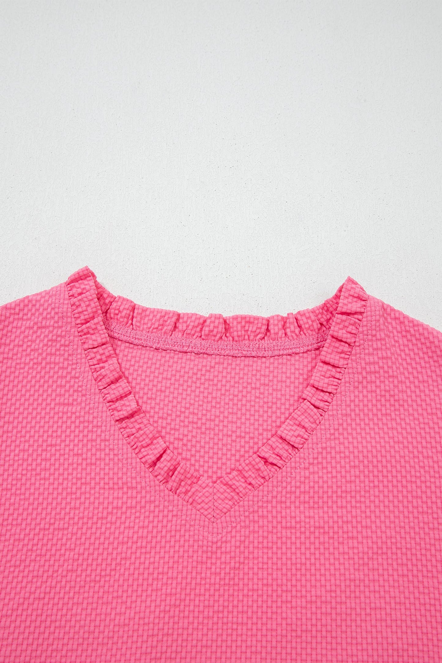 Sachet Pink Frilled V Neck Flower Embroidered Puff Sleeve Textured Blouse