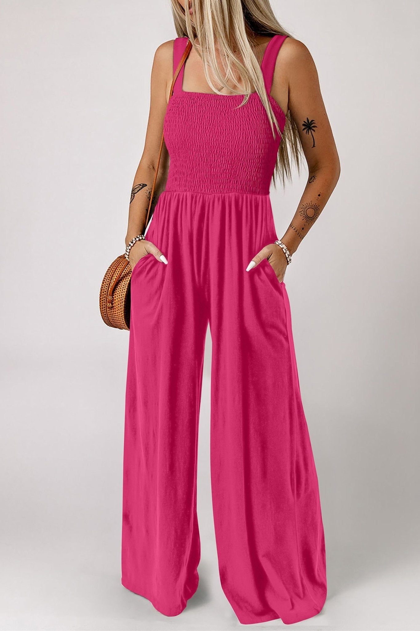 Rose Red Smocked Square Neck Sleeveless Jumpsuit with Pockets - Loving It Shop