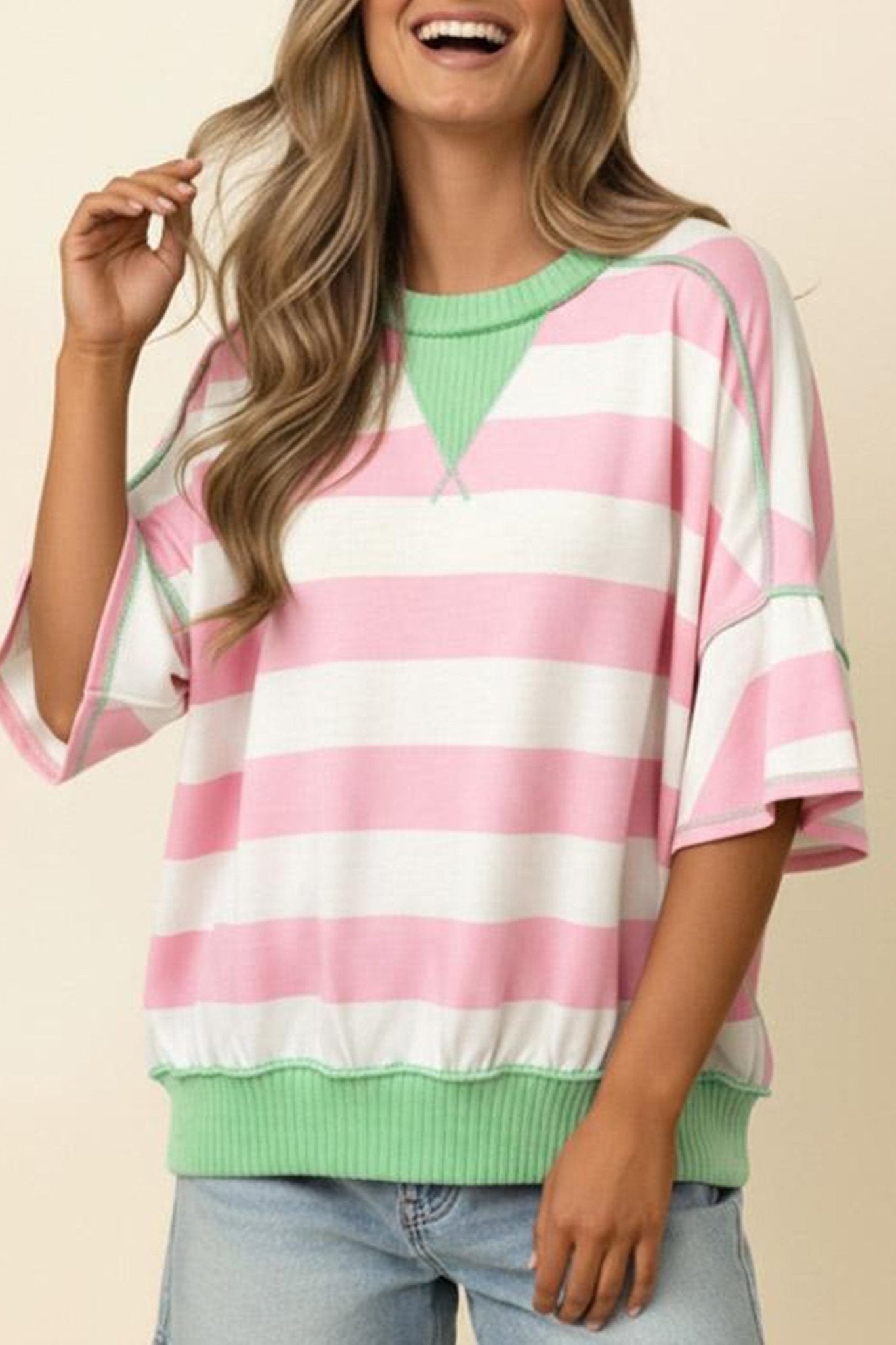 Pink Stripe Exposed Seam Ribbed Patchwork Oversized Tee - Loving It Shop