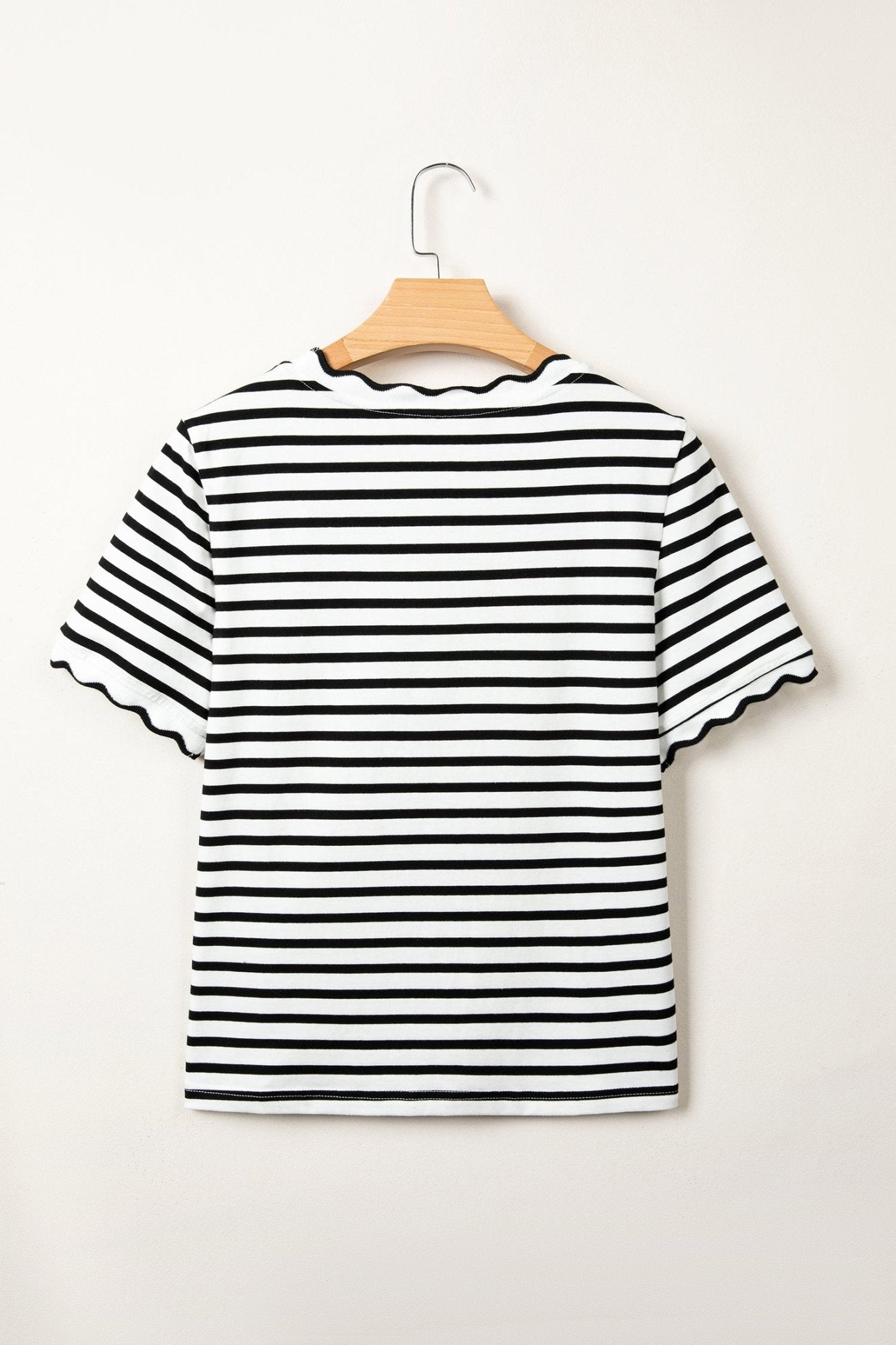 Black Stripe Scalloped Trim Round Neck T Shirt - Loving It Shop