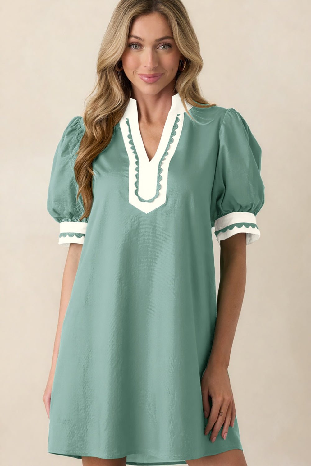 Canton Scallop Color Block Trim Puff Sleeve Mini Dress - Loving It Shop