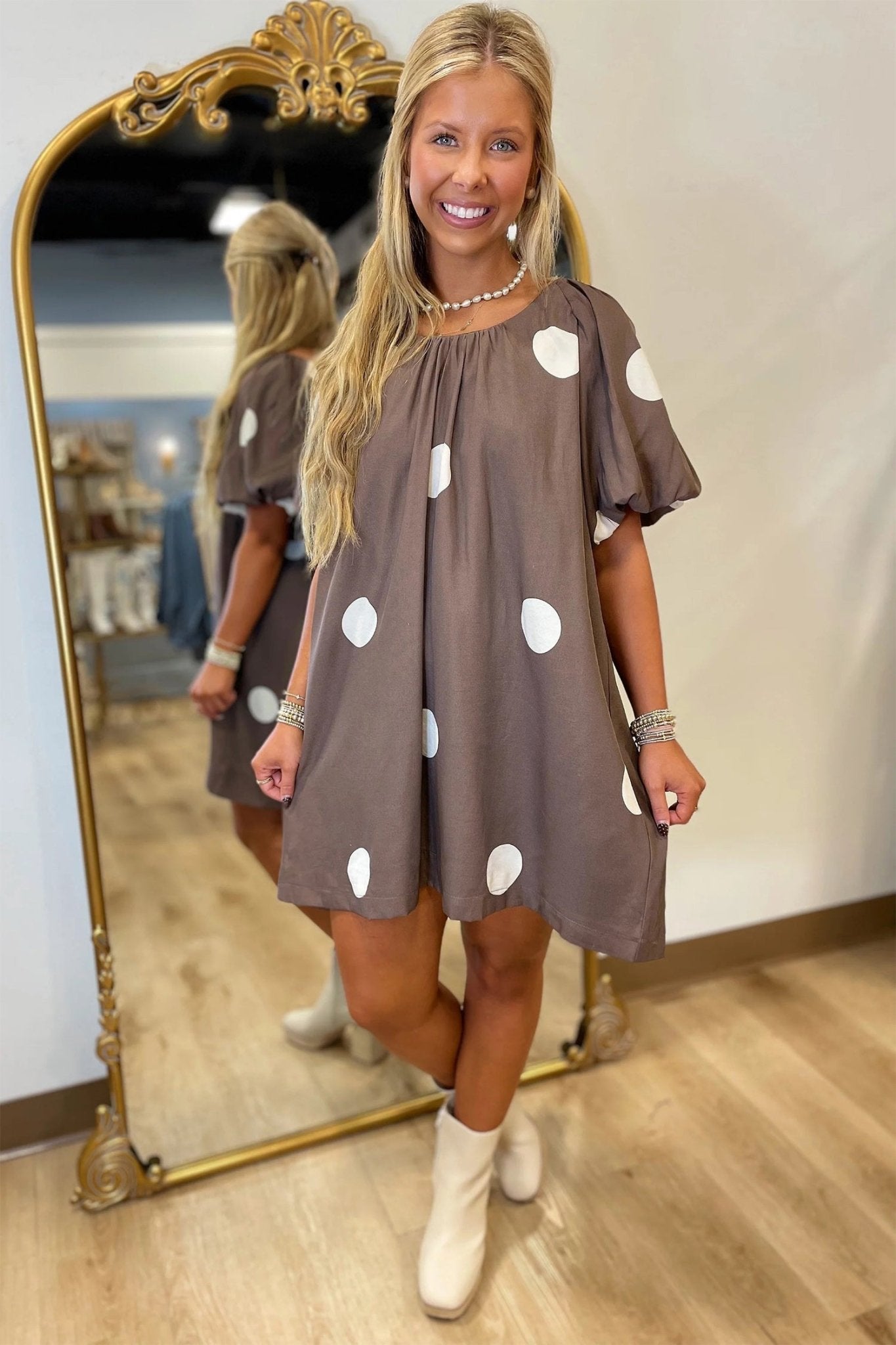 Brown Polka Dot Print Knot Back Short Puff Sleeve Loose Mini Dress - Loving It Shop