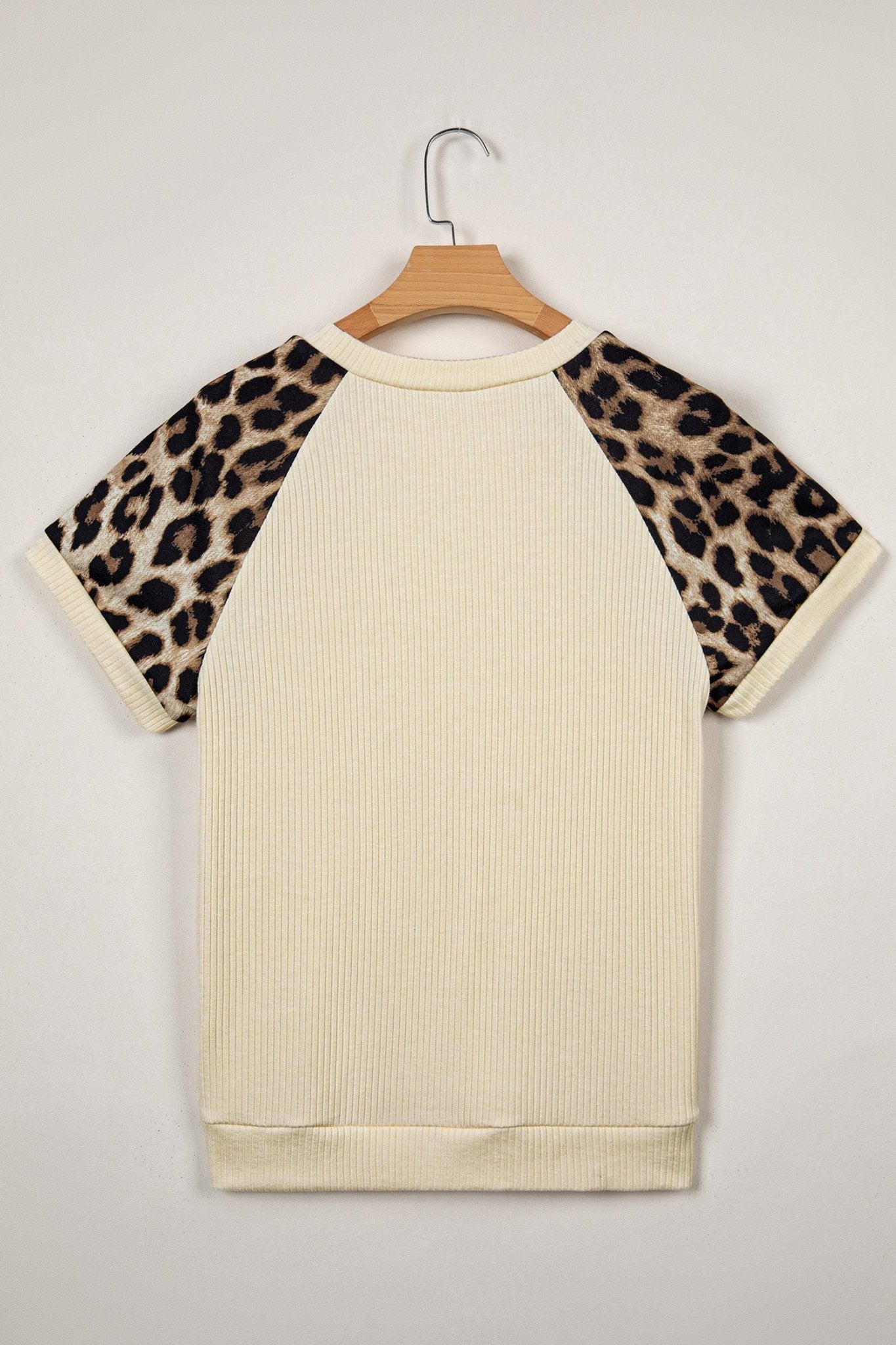 Apricot Ribbed Color Block Leopard Contrast Sleeve Loose Tee - Loving It Shop