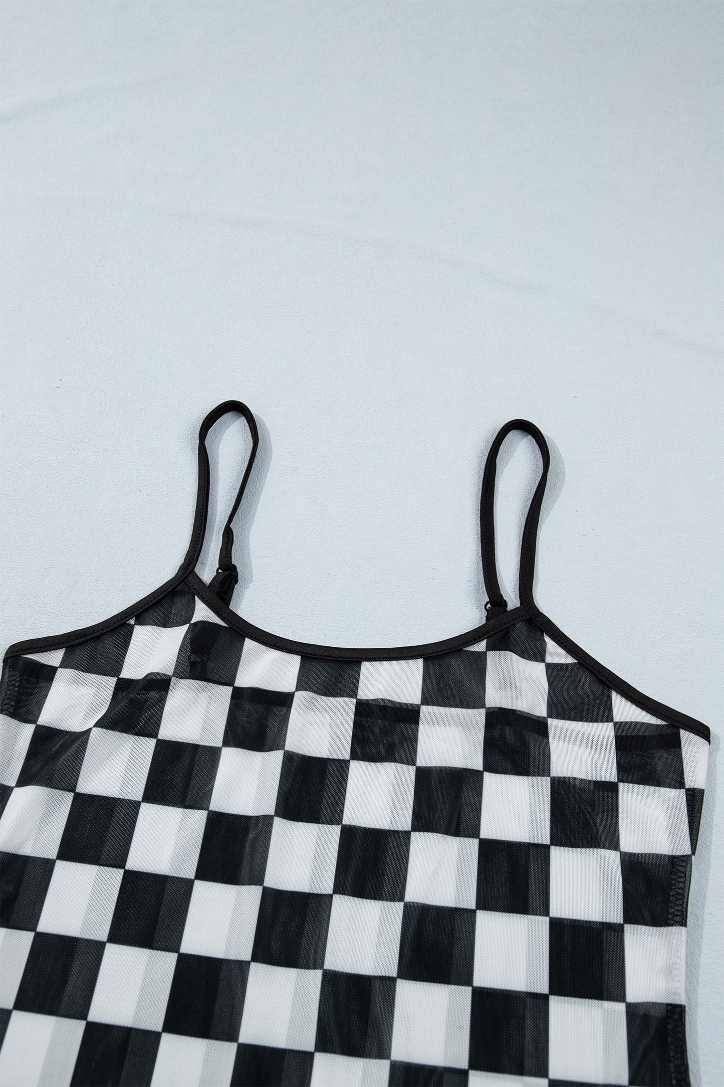 Black Sheer Checkered Print Spaghetti Straps Slim Tank Top