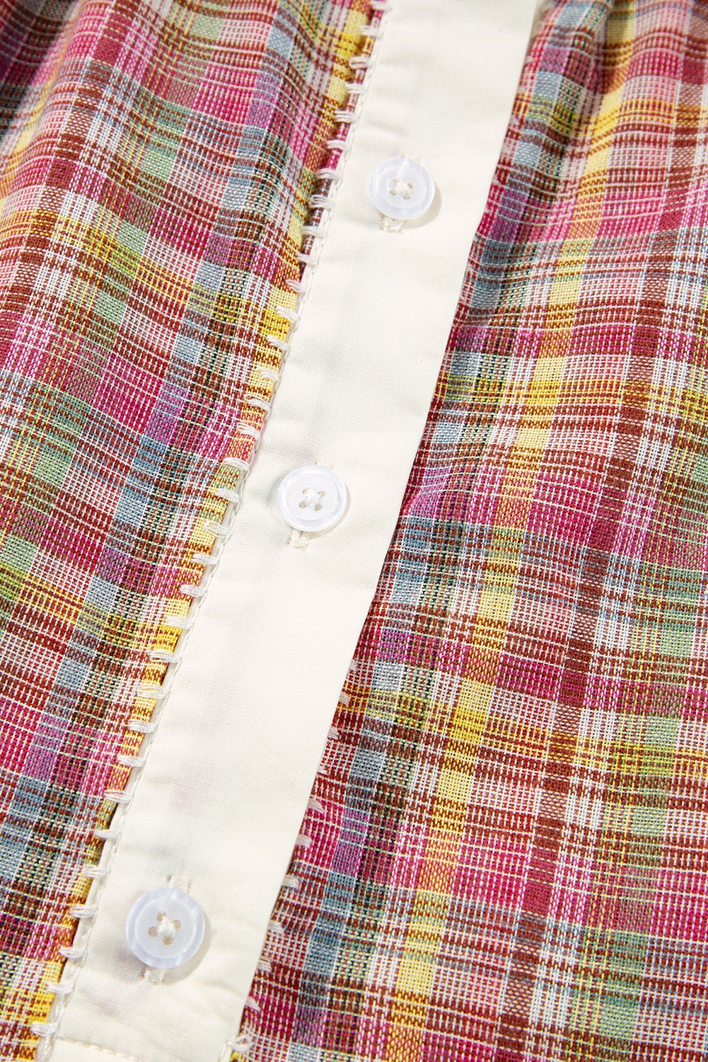 Pink Colorblock Plaid Patchwork Henley Blouse - Loving It Shop