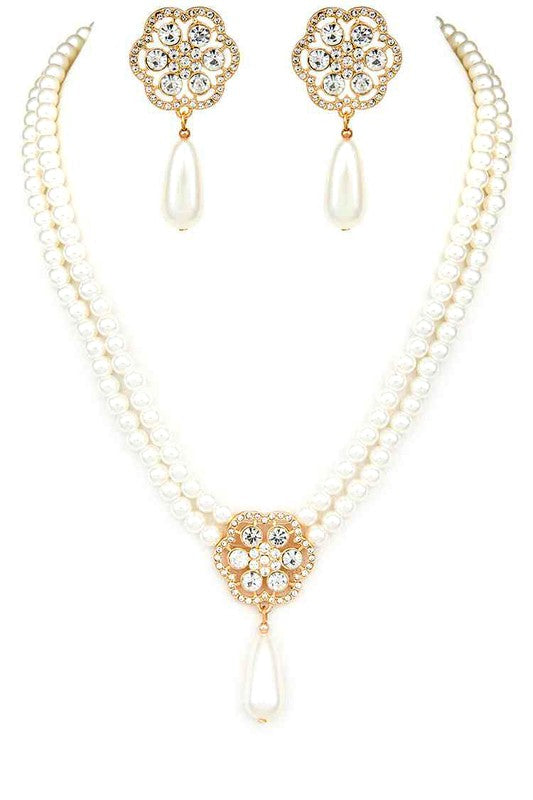 Pearl Teardrop Crystal Pendant Necklace Set