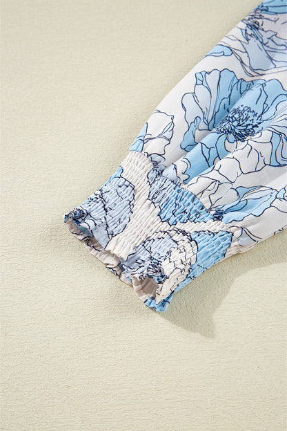 Sky Blue Floral Print Frilly Smocked Square Neck Long Sleeve Blouse