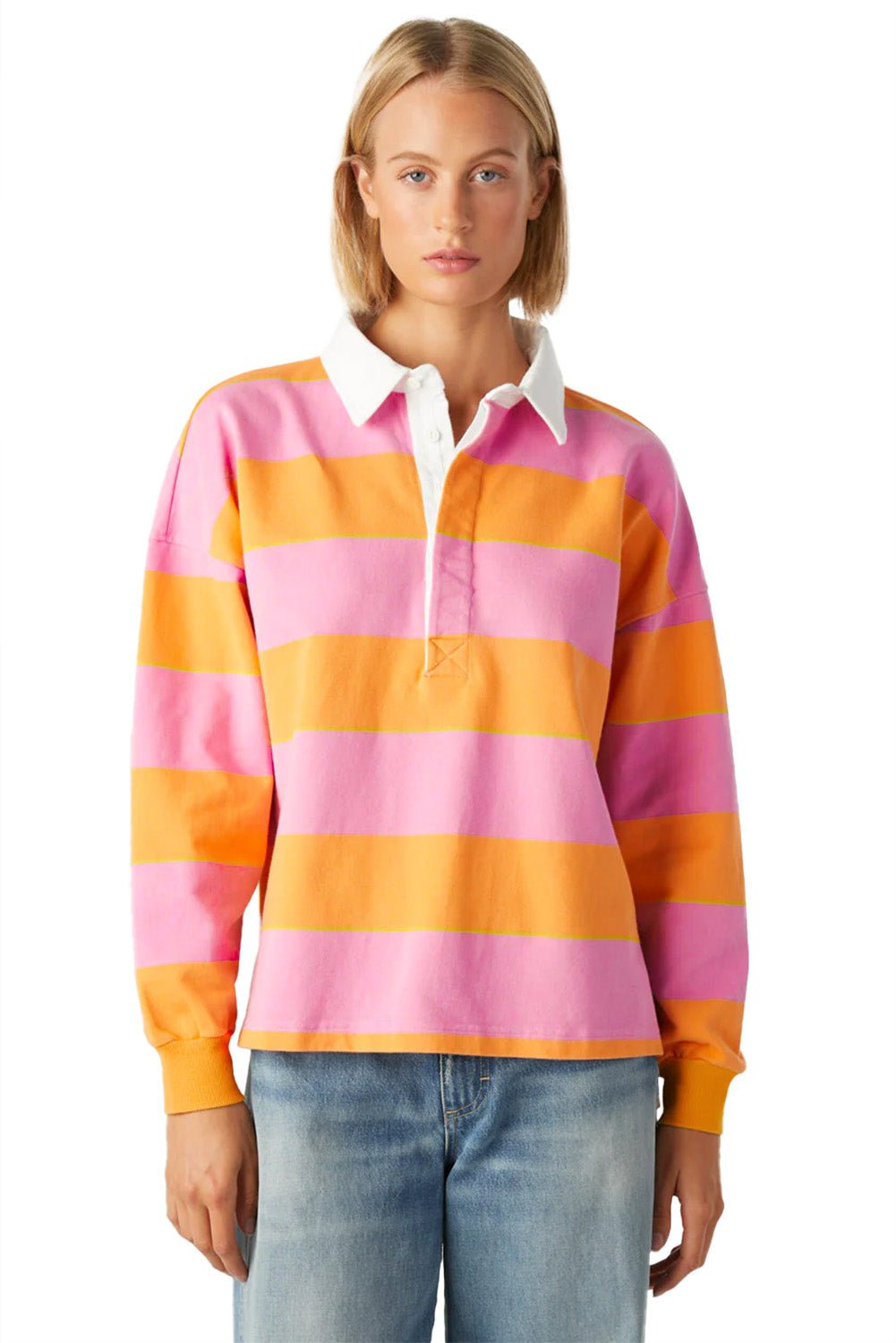 Yellow Stripe Color Block Polo Collar Sweatshirt - Loving It Shop