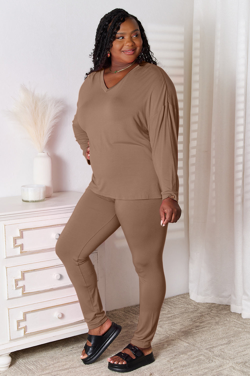 I am a Fashion Junky Full Size V-Neck Soft Rayon Long Sleeve Top and Pants Lounge Set