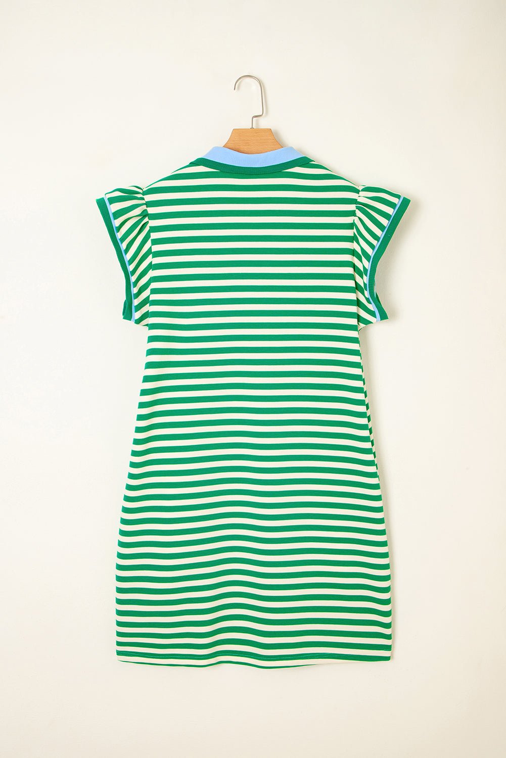 Green Stripe Print Contrast Collar Split Neck Flutter Sleeve Short Dress - Loving It Shop