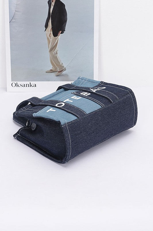 Denim Tote Bag with Patch Detail – Trendy Casual Fashion Handbag