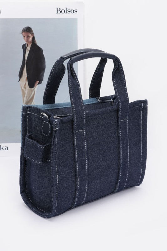 Denim Tote Bag with Patch Detail – Trendy Casual Fashion Handbag