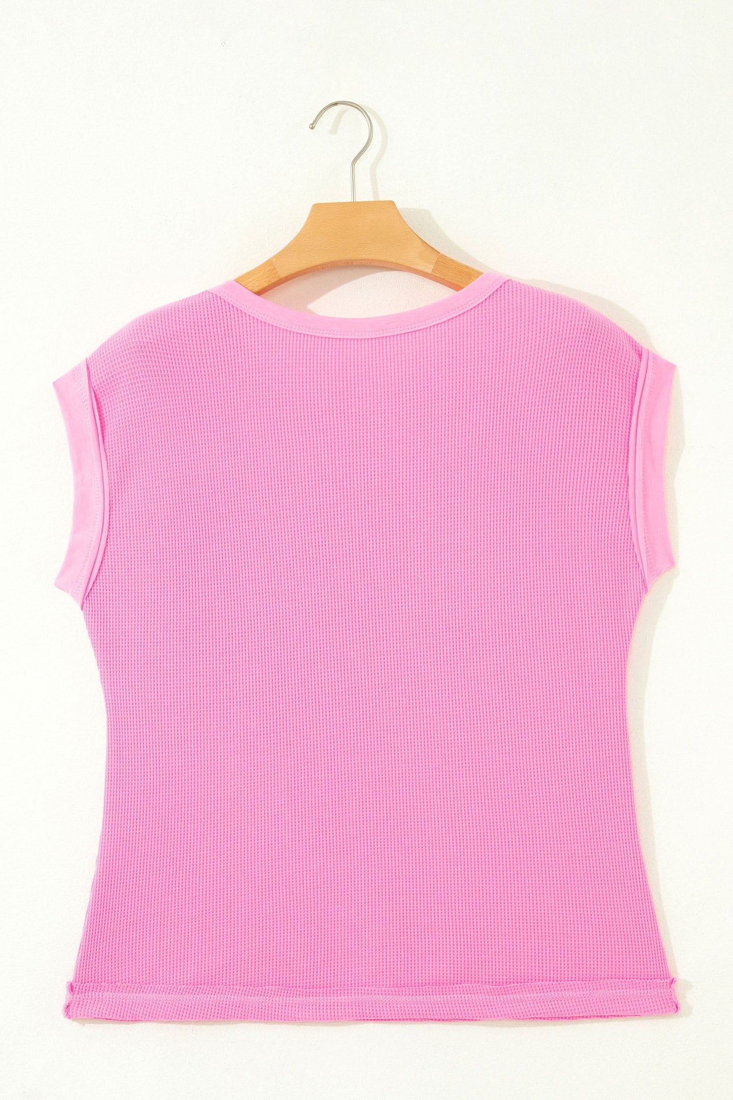 Pink Solid Color Raw Seam Waffled Patchwork Casual T Shirt