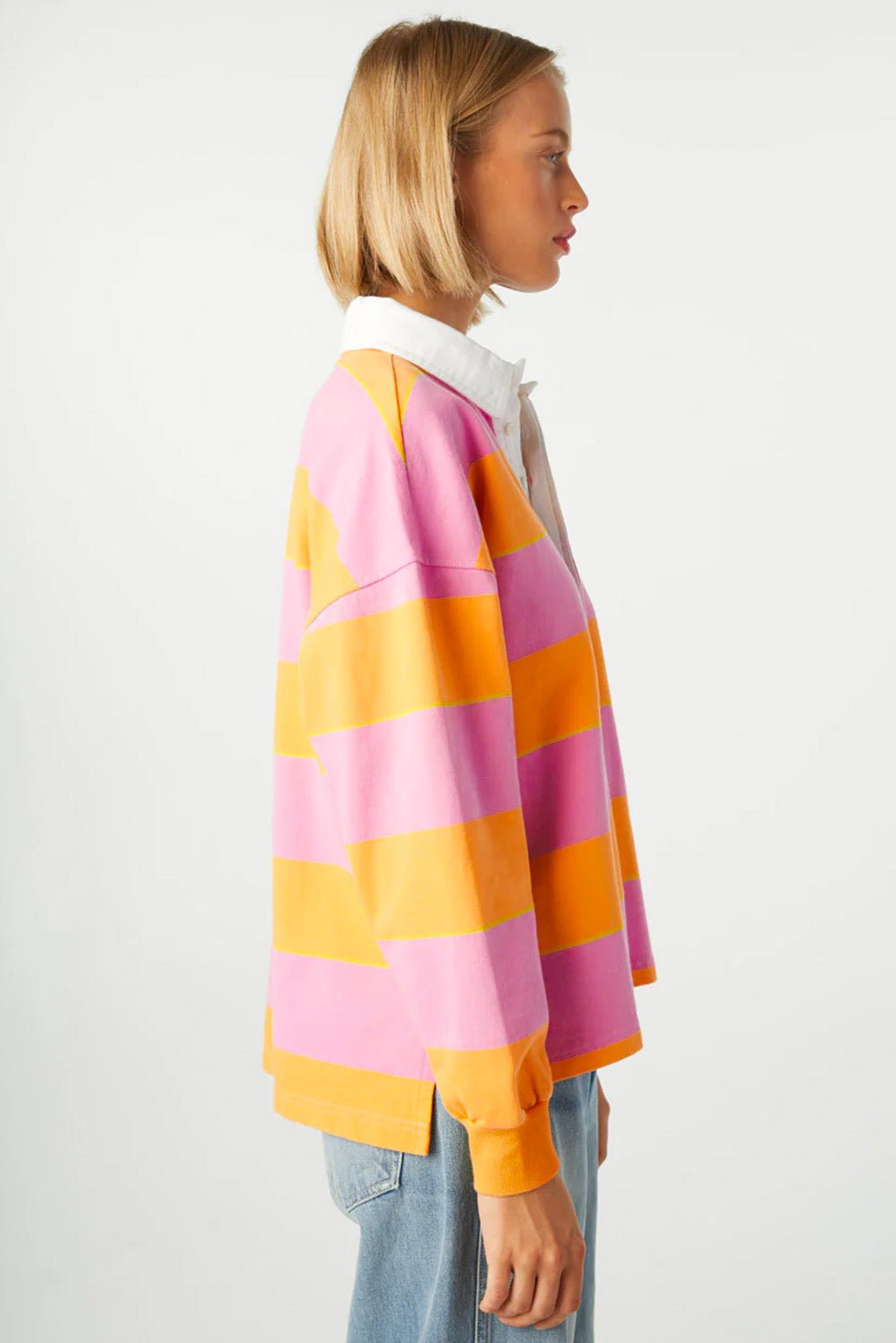 Yellow Stripe Color Block Polo Collar Sweatshirt - Loving It Shop