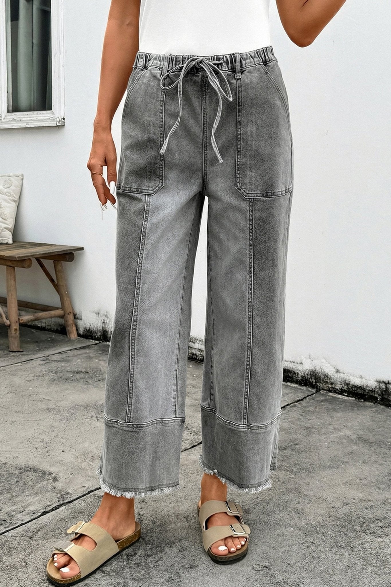 Gray Drawstring Seam Detail Raw Hem Wide Leg Denim Pants - Loving It Shop