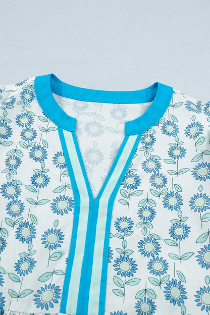 Sky Blue Floral Print Contrast Trim Flutter Sleeve Mini Dress - Loving It Shop