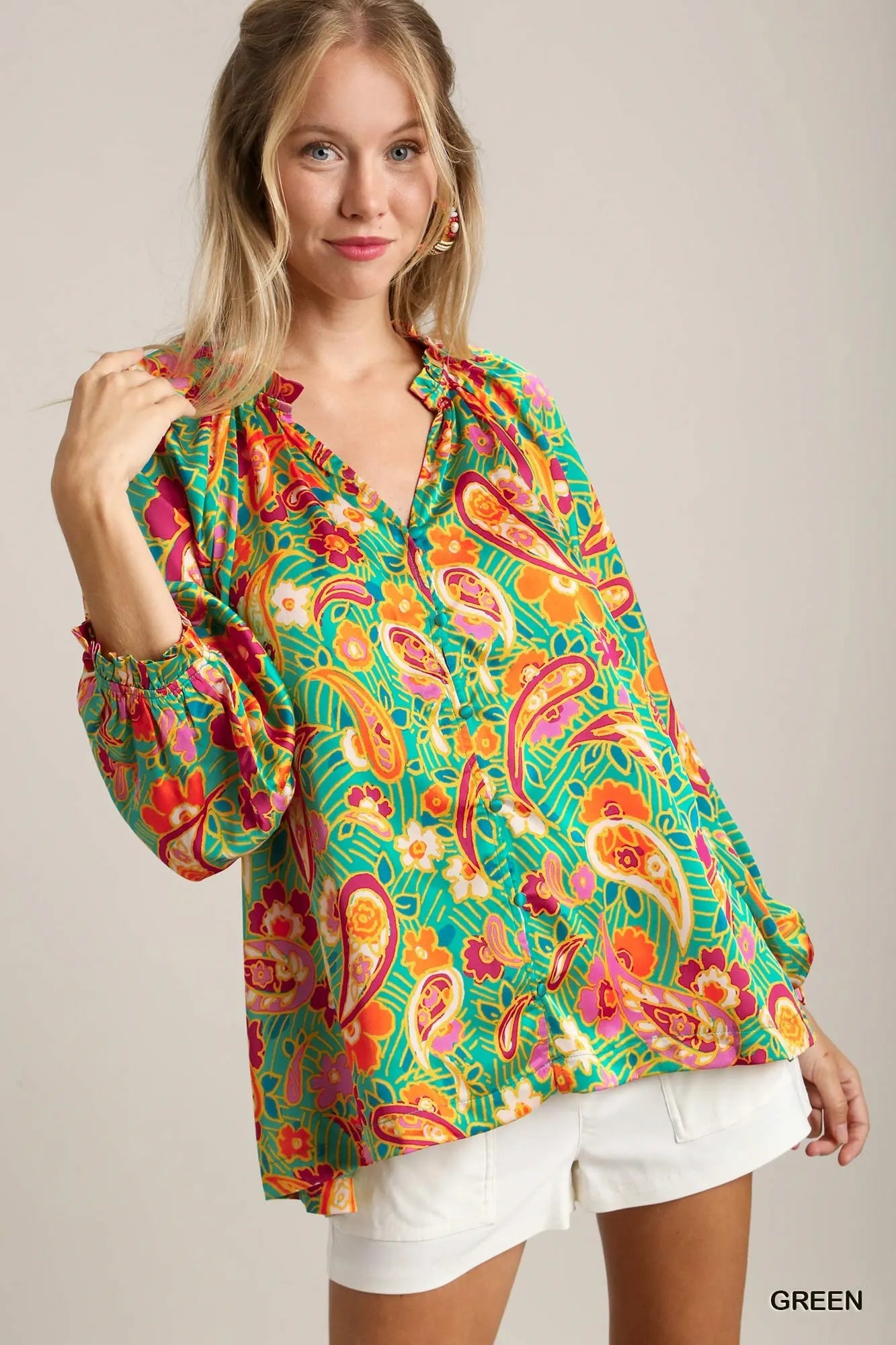 Satin Paisley Ruffle Neck Button-Up Shirt