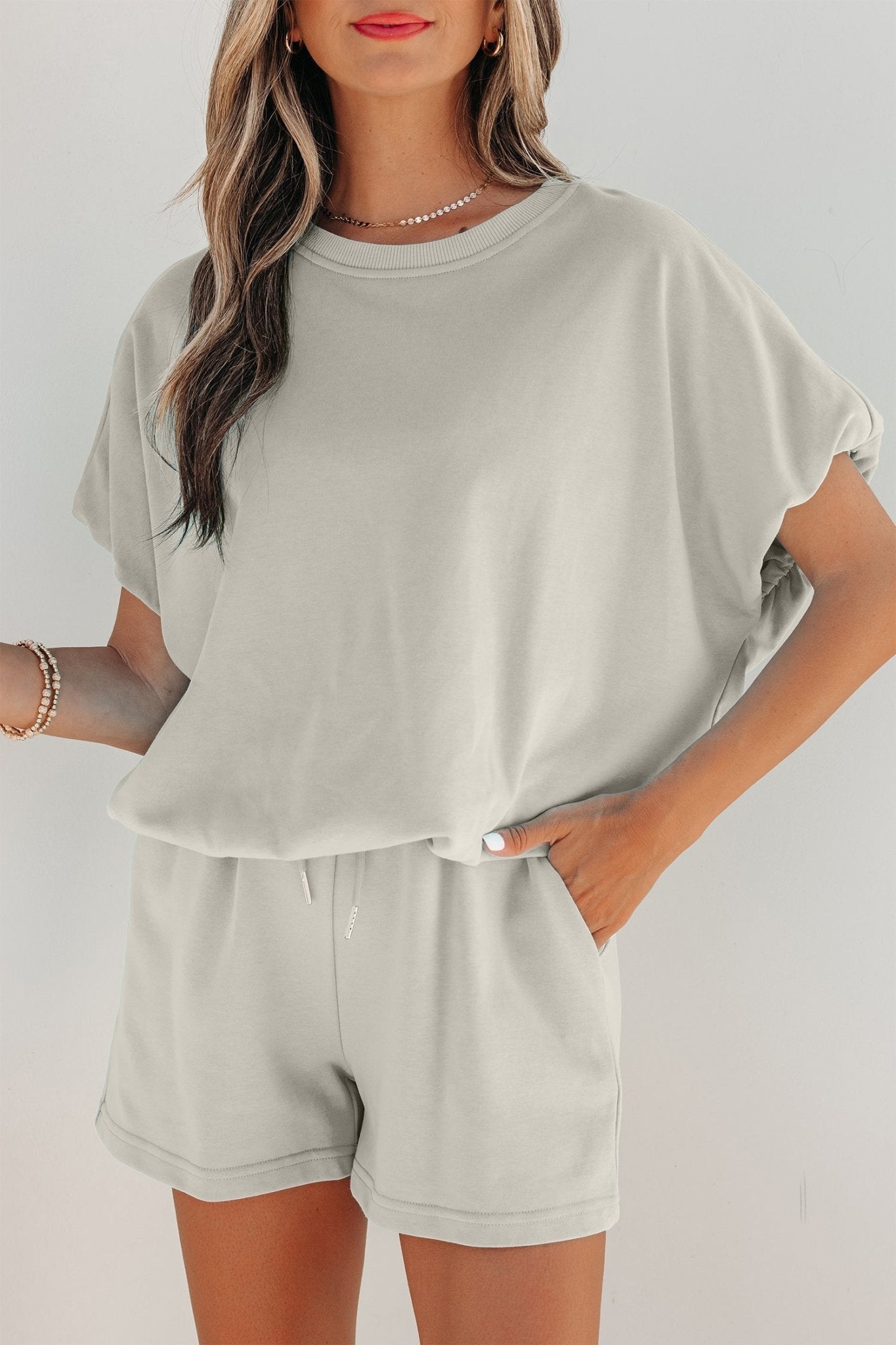 Smoke Gray Solid Color Puffy Loose Top Drawstring Shorts 2pcs Outfit - Loving It Shop