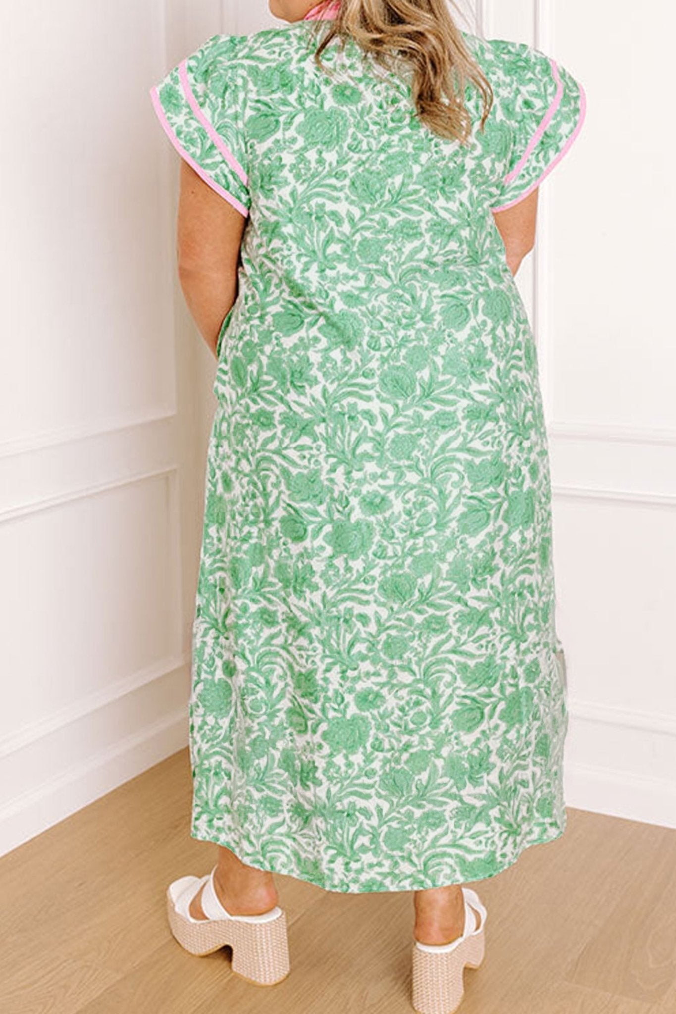 Green Plus Size Contrast Trim Flutter Sleeve Floral Kaftan Maxi Dress - Loving It Shop