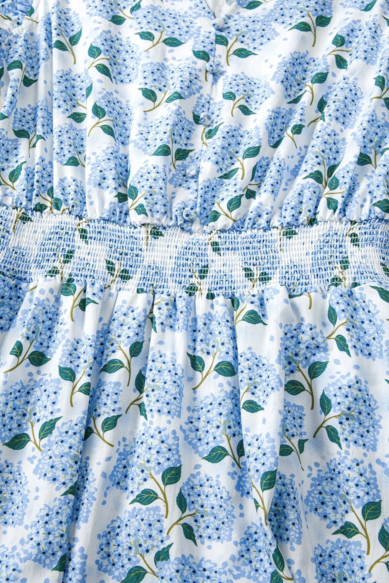 Sky Blue Hydrangea Floral Print Ruffle Trim Flutter Sleeve Long Dress - Loving It Shop