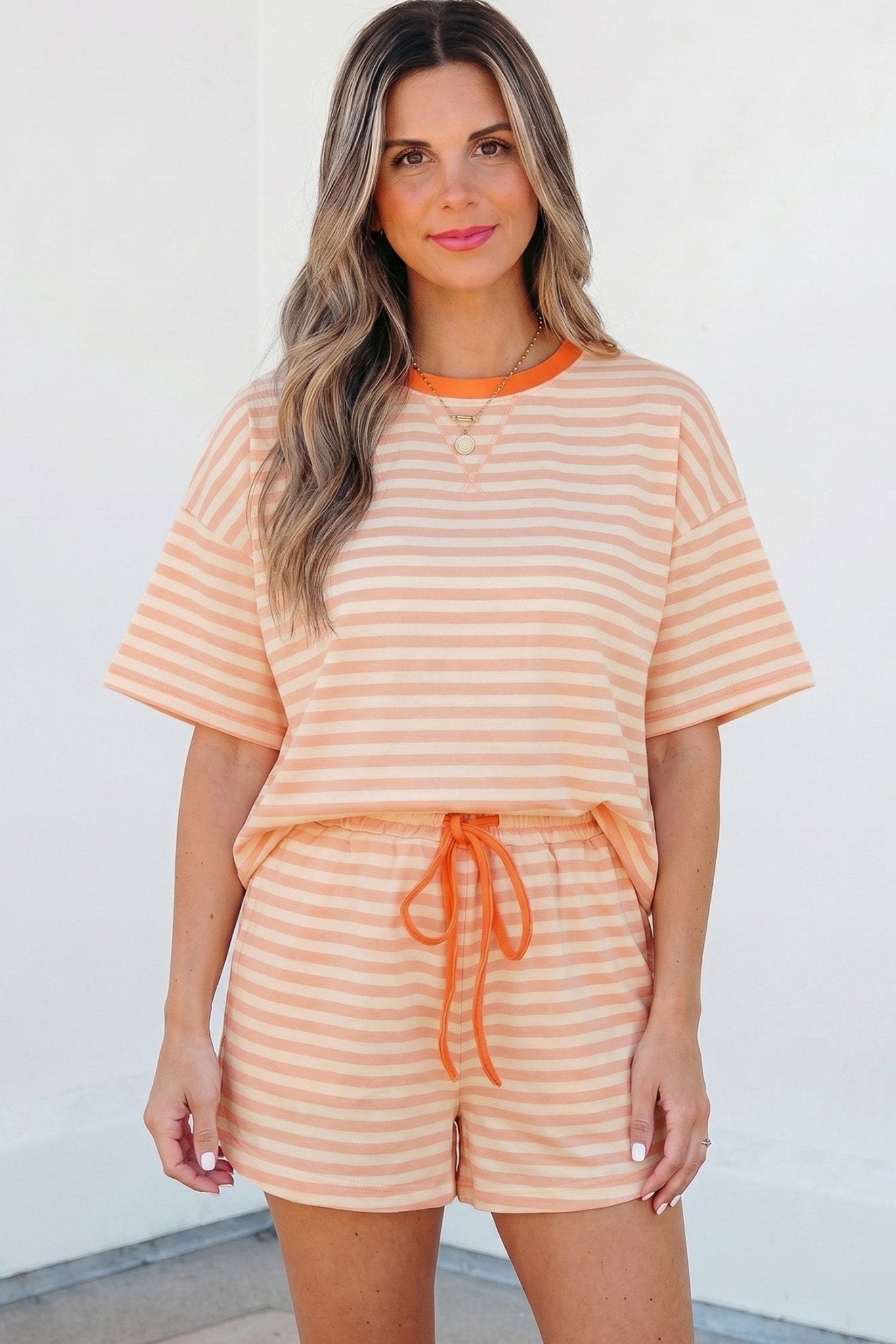 Pink Stripe Contrast Neck Loose Tee and Drawstring Shorts Set - Loving It Shop