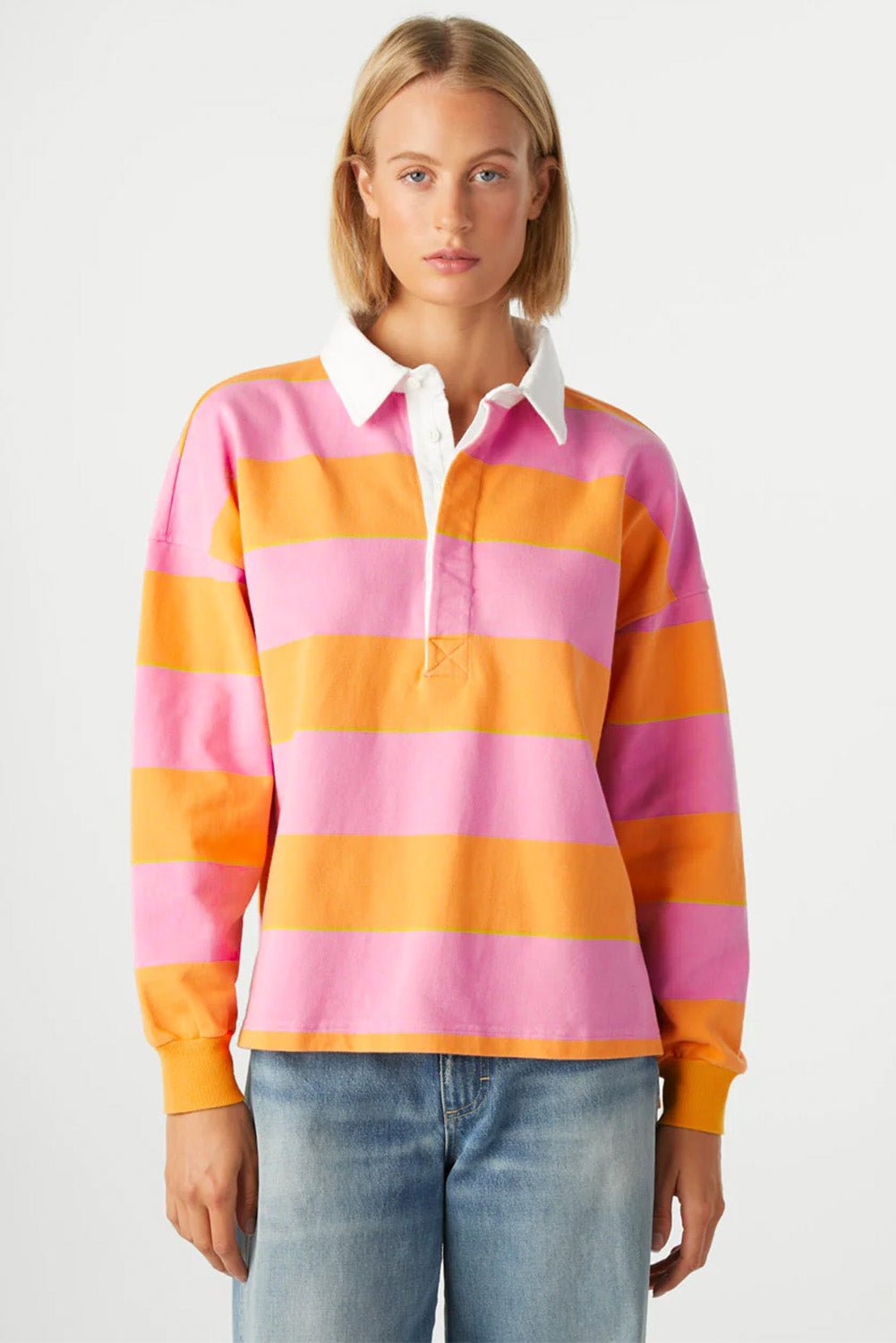 Yellow Stripe Color Block Polo Collar Sweatshirt - Loving It Shop