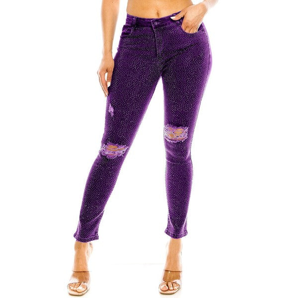 Bling Chip Rhinestone Attached Purple Denim Pants