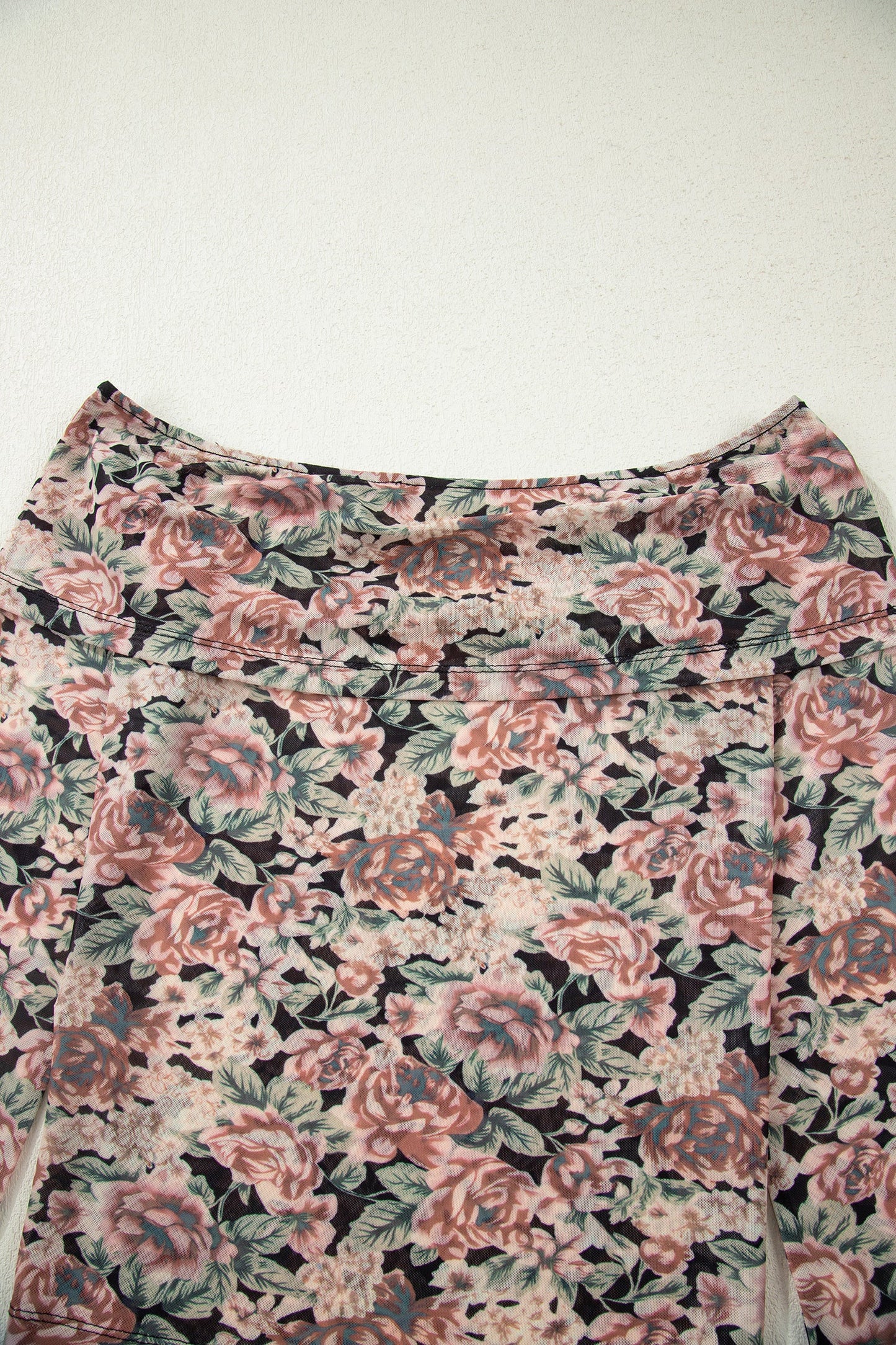 Black Floral Print Mesh Long Sleeve Foldover Off Shoulder Top