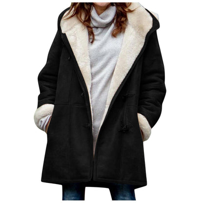 Winter Button Coat Fashion Warm Hooded Jacket With Pockets Women&