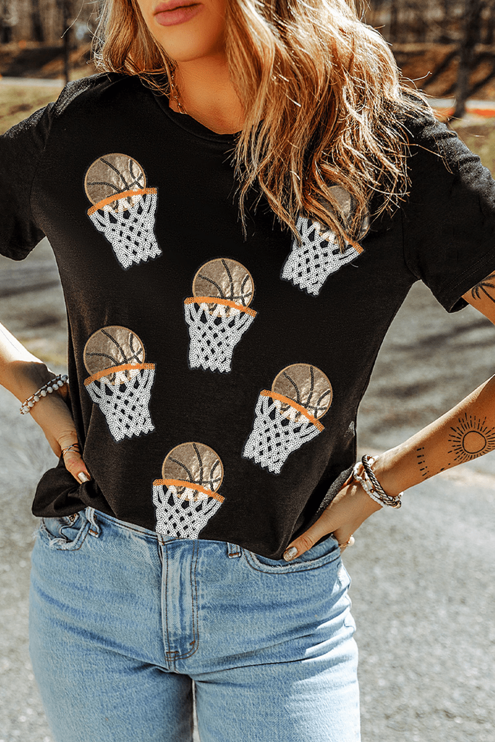 Black Sequin Basketball Patched Graphic Game Day T Shirt - Loving It Shop